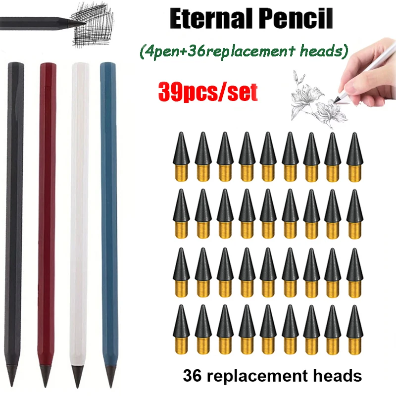 39pcs/set Creative Metal Pencil New Technology Unlimited Writing Eternal Pen Magic Pencils Set-School Sketching Writing Supplies