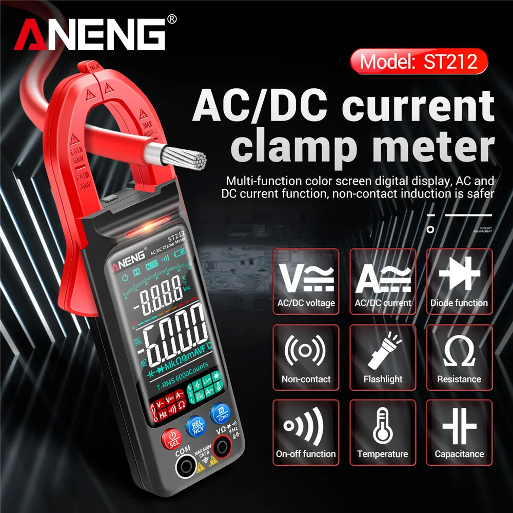 ANENG ST212 6000 Counts Digital Clamp Meter DC/AC Current 400A Amp Multimeter Color Screen Display Voltage Tester Car Hz NCV Ohm