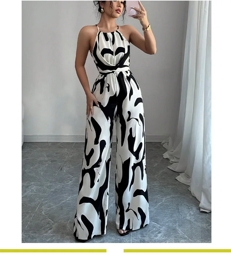 여성용 바디수트 서스펜더 점프수트 2026 여름 밀크 패턴 스트랩 홀터넥 점프수트 여성용 섹시 의류 점프수트
