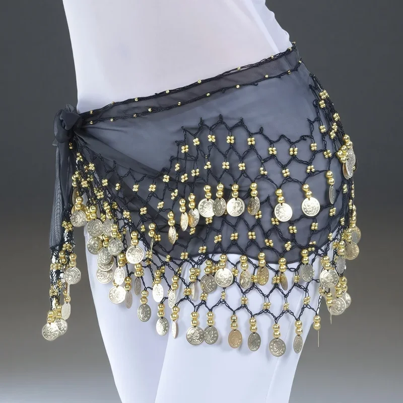 

Женский хип-шарф для танца живота, аксессуары, 3-рядная юбка с поясом и золотыми монетами для танца живота, цепочка на талию, 98 монет, танцевальная одежда