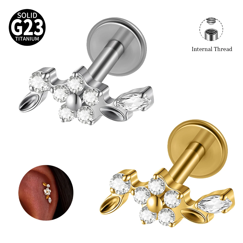 G23 Titanium Internal Thread Labret Stud Clear CZ Gem Cluster Ear Piercing Tragus Helix Cartilage Earring Floral Body Jewelry