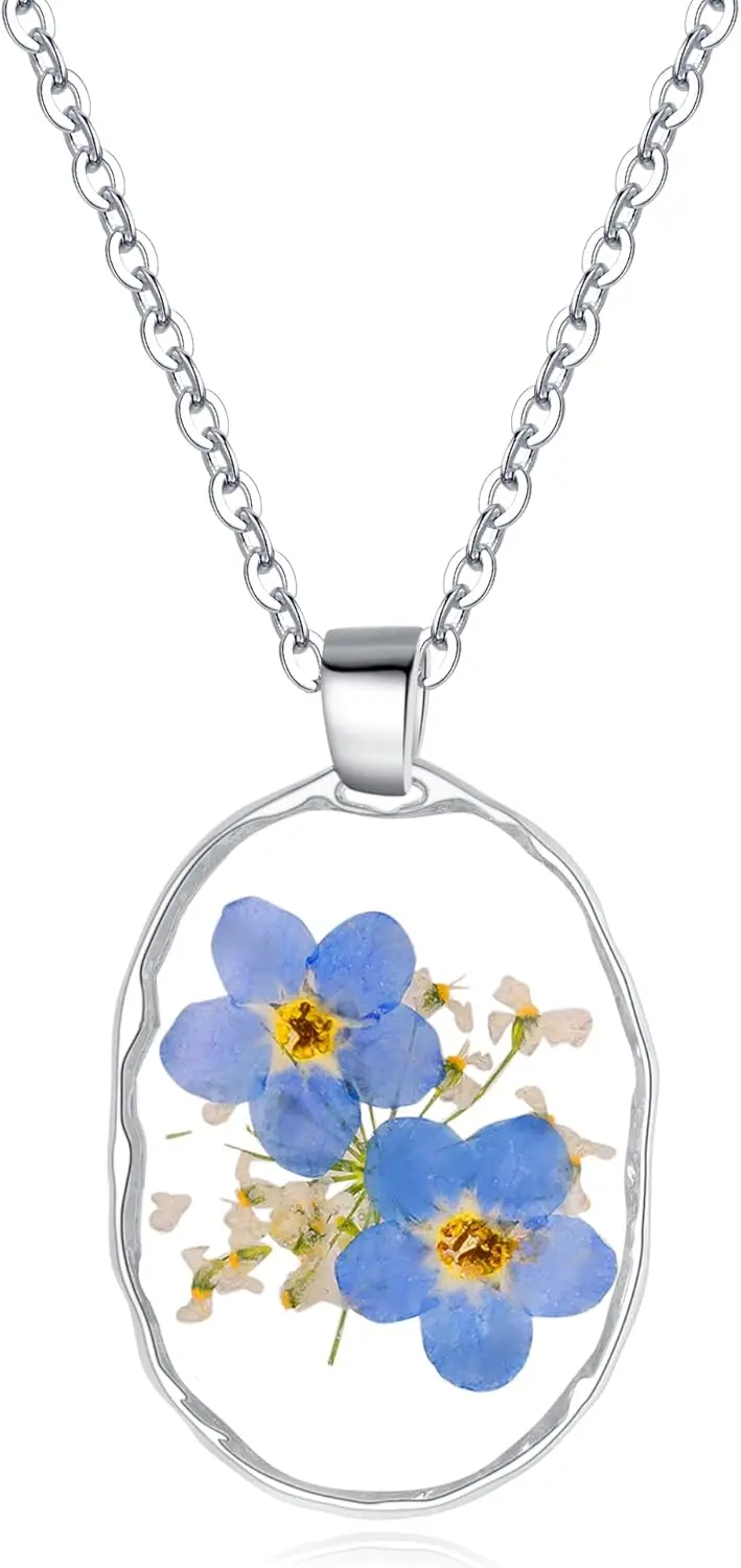 

Ожерелье Auntesign с прессованными дикими цветами: незабудки и цветы королевы Анны | Ожерелье с настоящим цветком, соответствующим месяцу рождения | Золотая/серебряная пресс-форма