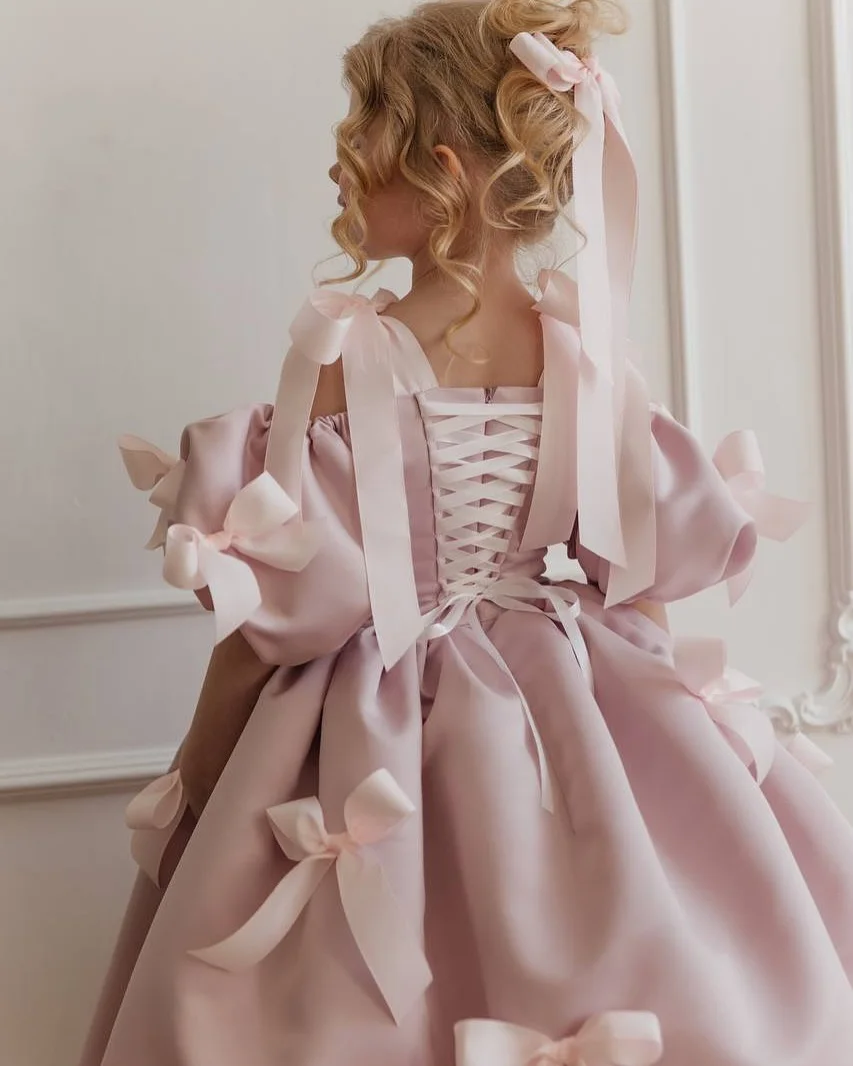 Jill desejo m021 elegante vestido de menina flor rosa com arcos cetim fora do ombro festival de aniversário festa de casamento vestido de concurso para crianças