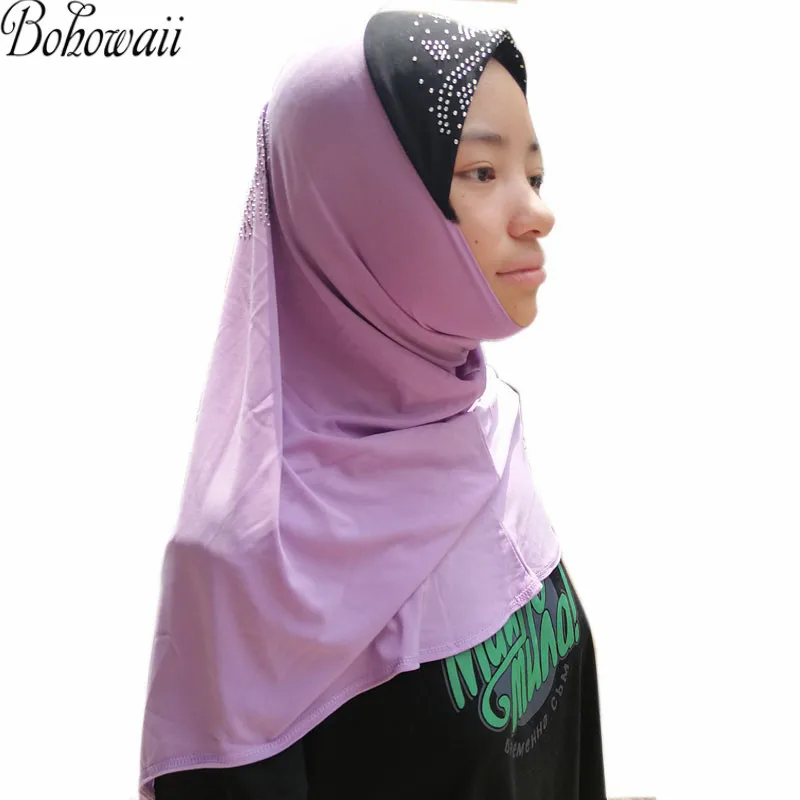 BOHOWAII Beautiful Bonnet Hijab Scarf Arabic Abaya Muslim Dubai Girl Turban Islam Jersey Khimar Head Wrap with Rhinestones