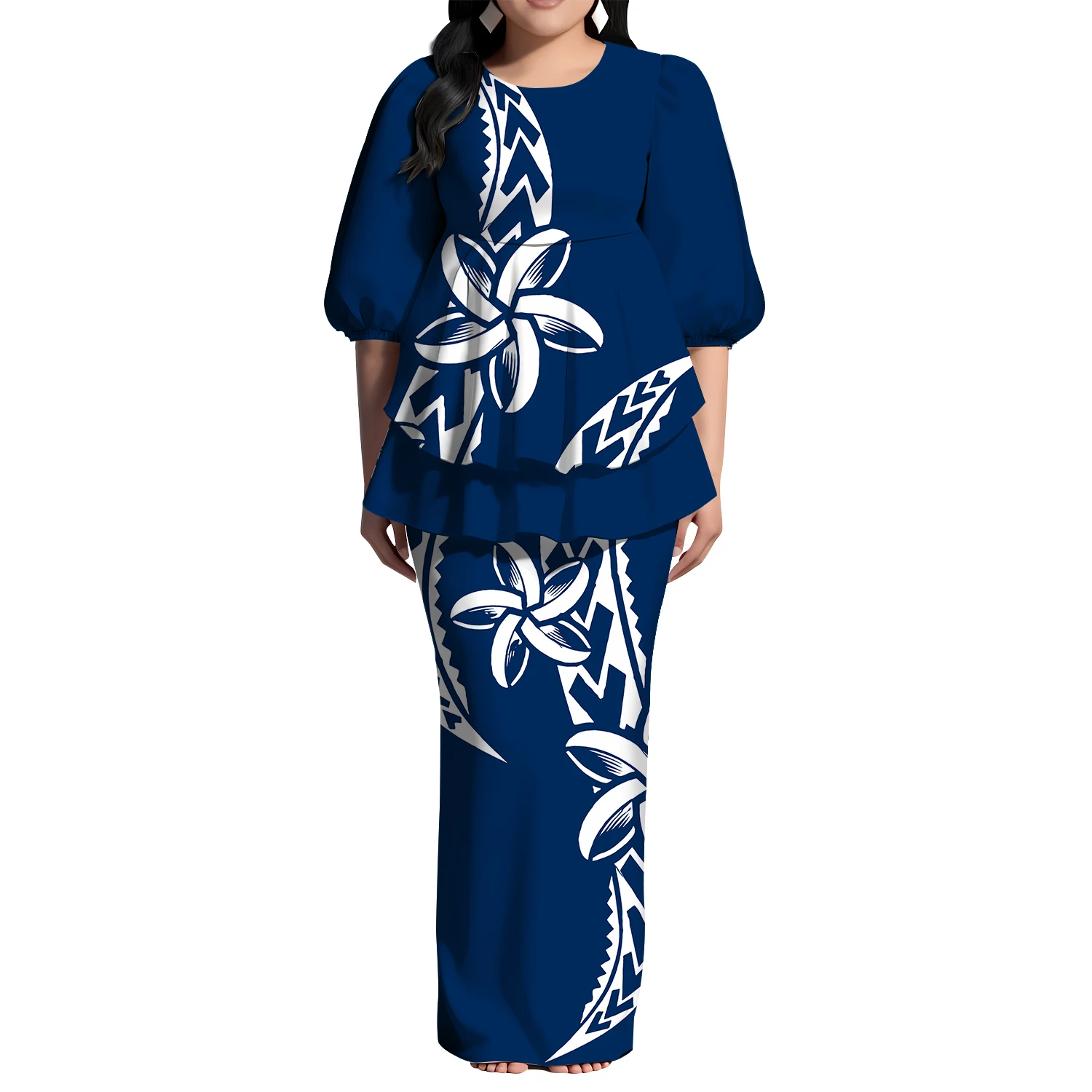 New Polynesian Women Puletasi Custom-Patterned Autumn Two-Piece Set Featuring Round-Neck Fishtail Design Tops And Slit Skirts
