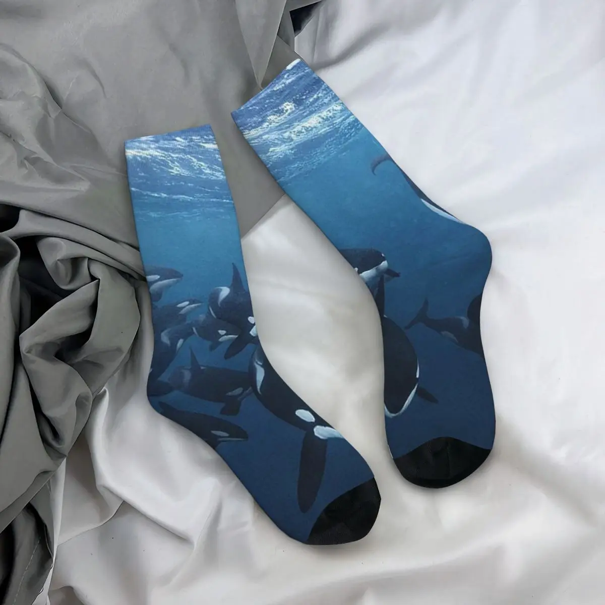All Seasons Crew Stockings Bule Orca Whale Family Swimming In Sea Socks Harajuku Long Socks for Men Women Valentine's Day Gifts