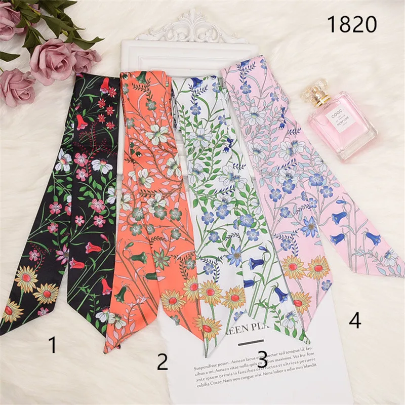 2024 New Skinny Scarf Floral Printing Silk Scarf For Women Luxury Brand Foulard Fashion Flower Ladies Bag Scarf Head Scarves