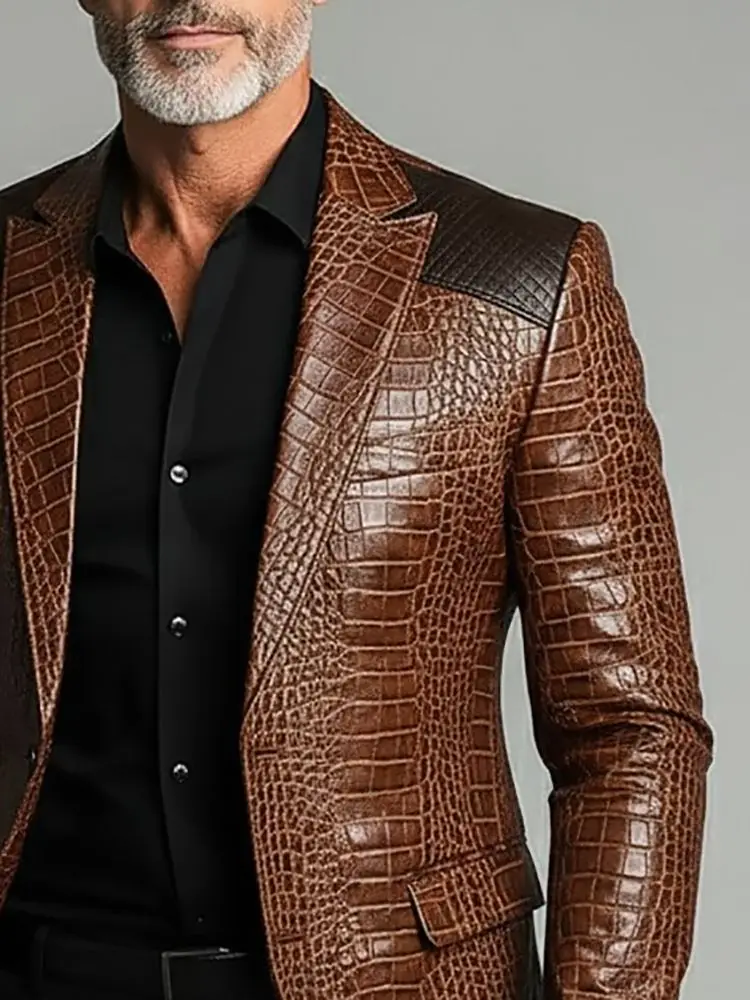 Men's Crocodile Embossed Faux Leather Blazer Contrast Dark Brown Shoulder Patch Notched Lapel Business Formal Outerwear Jacket