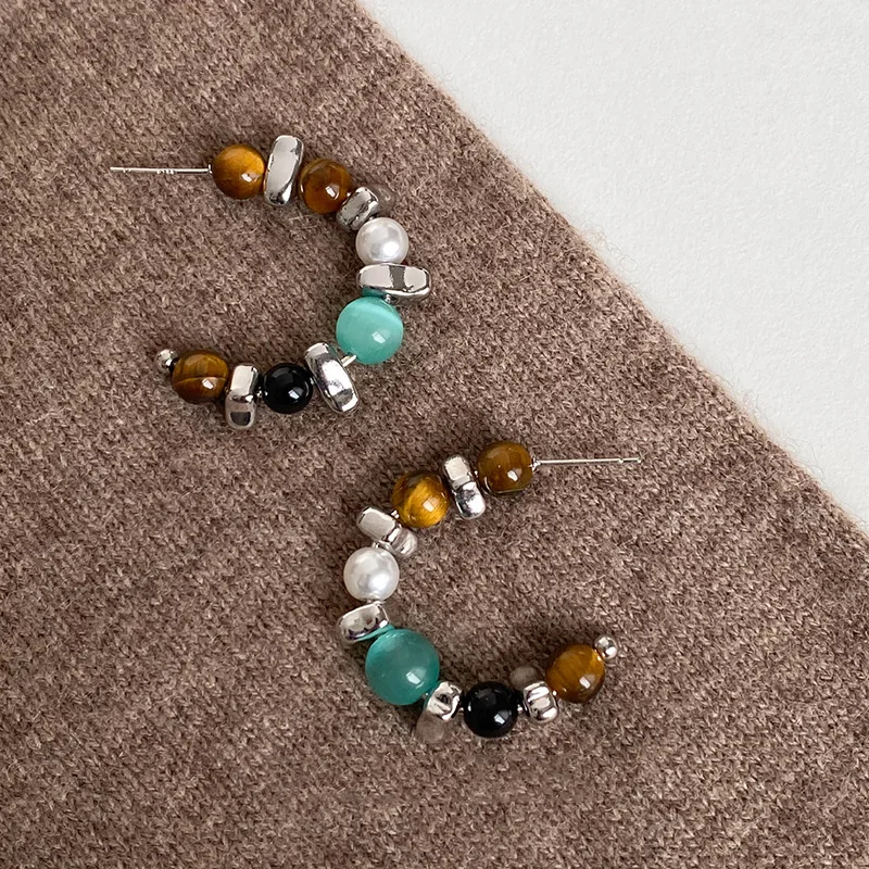 Tiger's Eye Color-blocking Multi-element Natural Stone C-shaped Hoop Earrings Light Luxury High-end Earrings Elegant Aesthetic