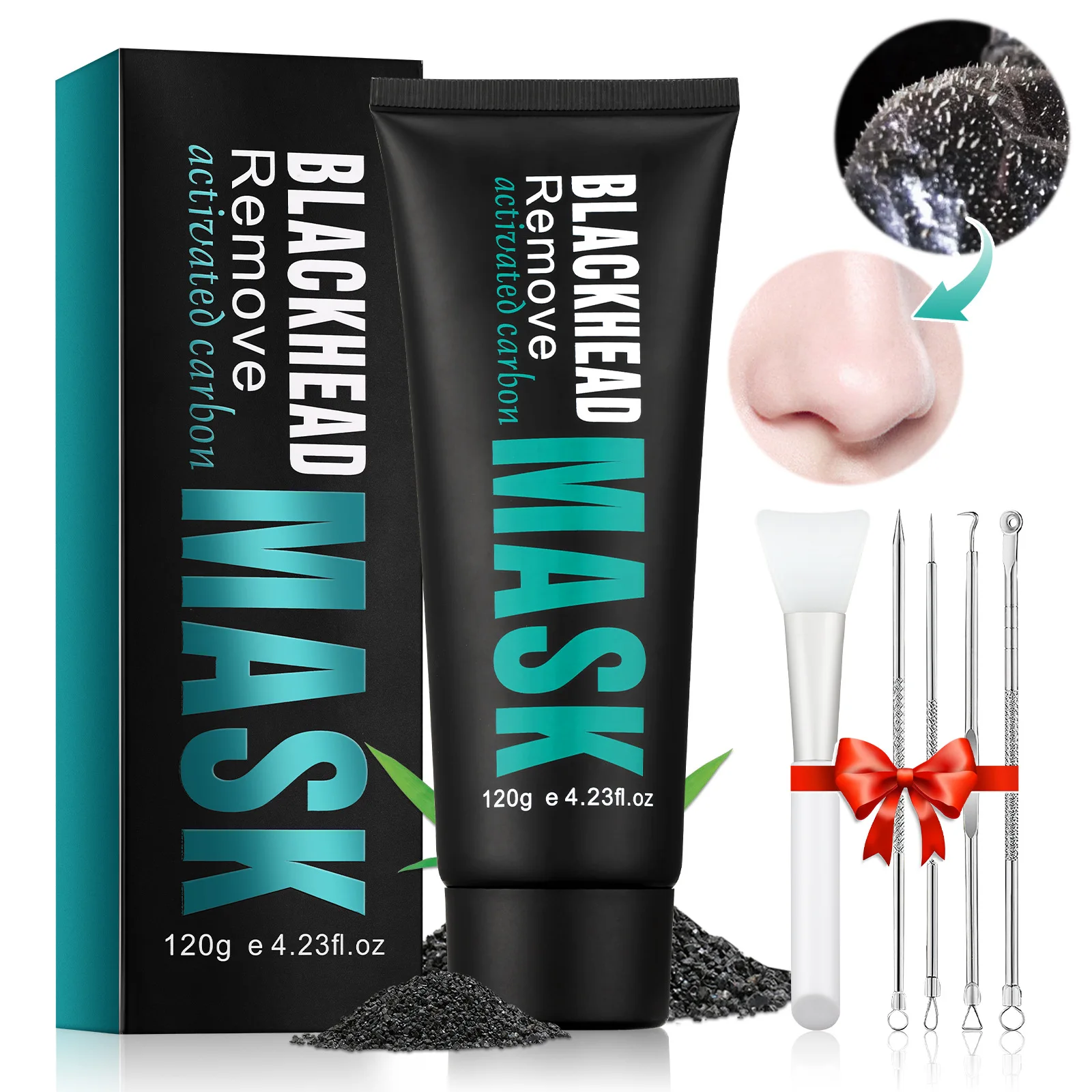 120g Nose Black Dot Mask Acne Deep Cleansing Mask Bamboo Charcoal Blackhead Remover Face Mask Oil-Control with 4Pcs Acne Needles