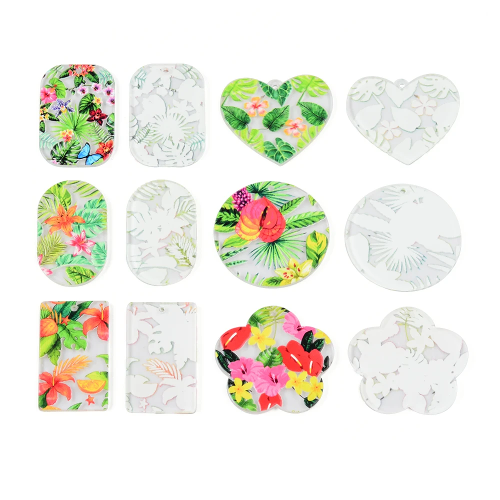 6pc Bright Colorful Flower Painting Acrylic Plate Pendant Jewelry Accessory Handmade Connector DIY Earrings Component for women