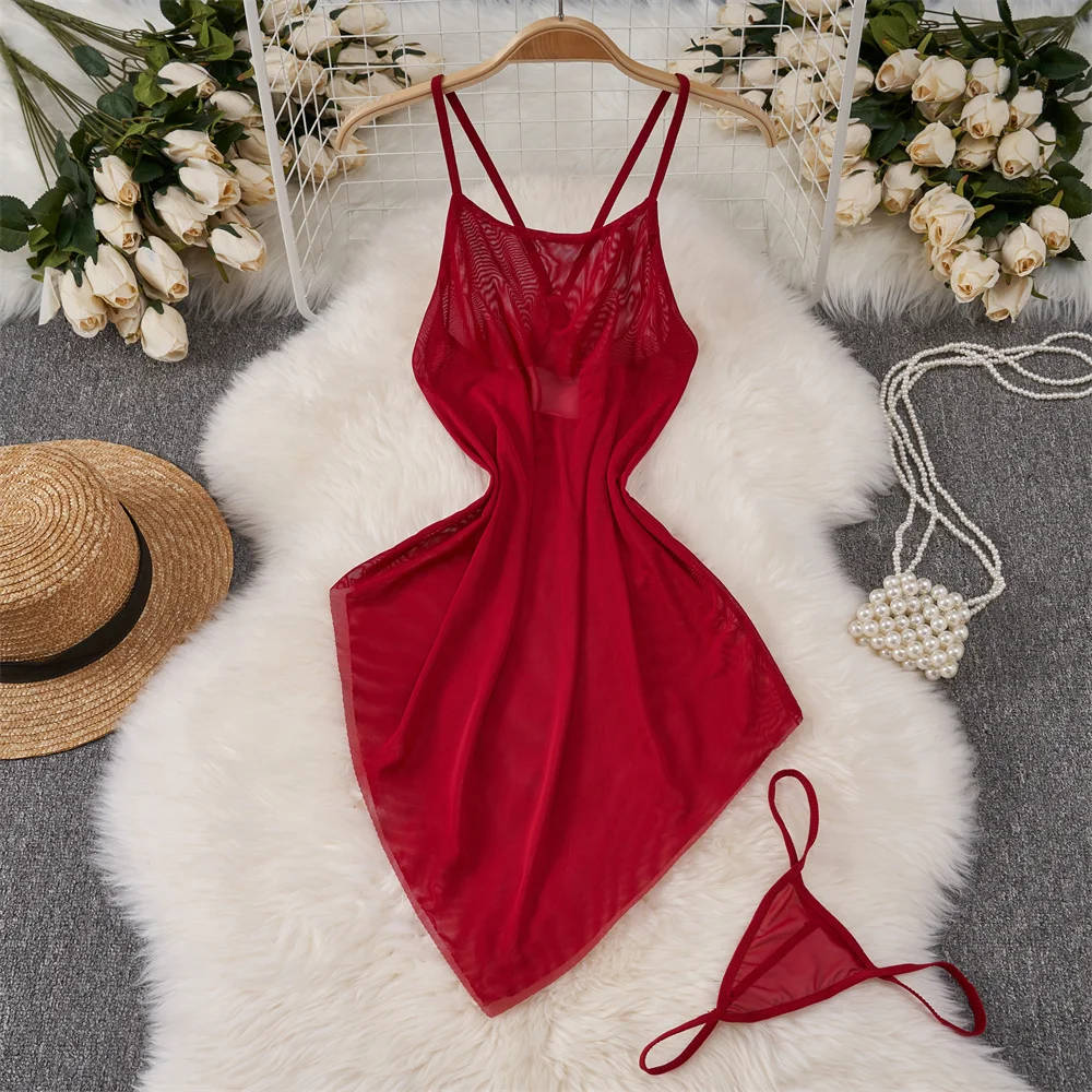 Tendencia transparente de malla cruzada vestido de tirantes Sexy dulce ajustado sólido sin espalda camisón de mujer dobladillo Irregular camisón ropa de dormir