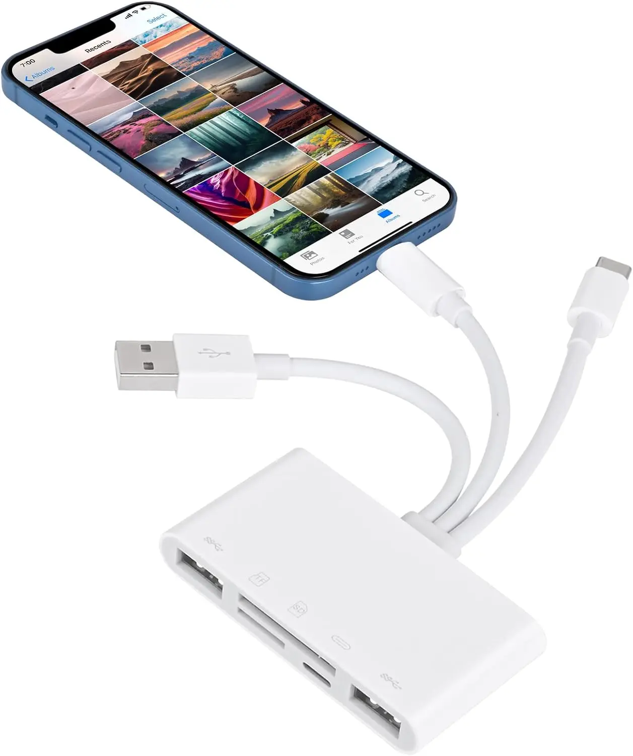 Memory Card Reader com Micro SD e Slot SD, Adaptador OTG para iPhone iPad Android USB C e um Dispositivos, 5 em 1