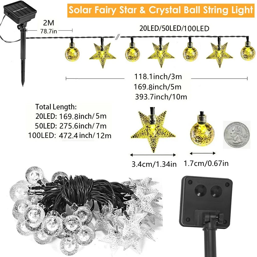 Solar LED String Lights Outdoor Camping Decor Crystal ball and stars String Lights 8 Modes Solar Lamp for Halloween Christmas