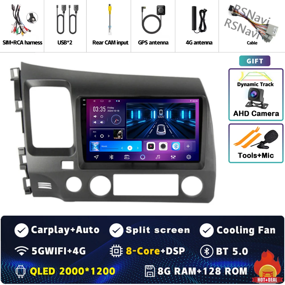 Android 15 Voor Honda Civic 8 FK FN FD 2005-2012 2K QLED Android Autoradio Multimedia Video speler GPS 4G CarPlay Stereo