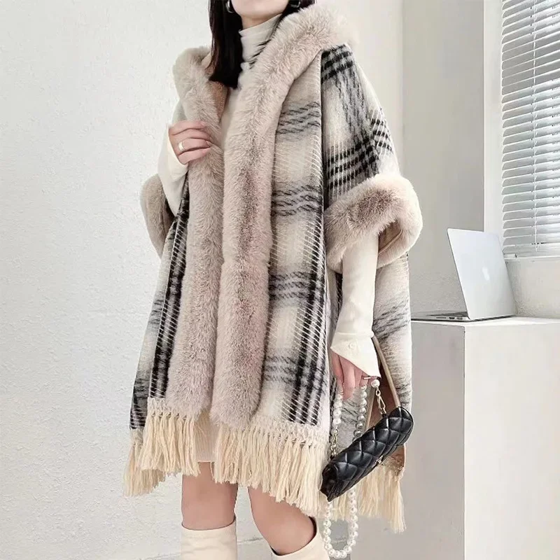 Feminino grande gola de pele outstreet wear inverno engrossar veludo poncho capa listrado cardigan longo manto solto borla casaco com chapéu