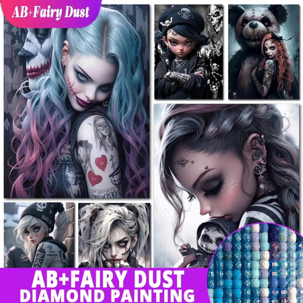

AB Фея Пыль Готическая Девушка И Медведь Алмазная Картина Полный Квадратный Дрель 5d Diy Алмазная Мозаика Эмбродрия Мультяшный Портрет Для Стен
