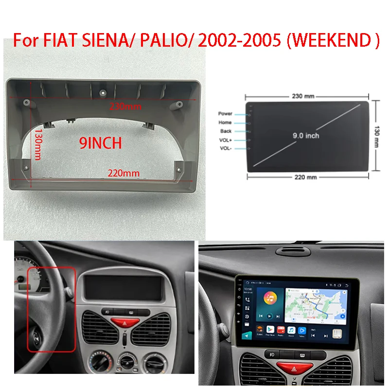 Para FIAT SIENA/PALIO 2002-2005 WEEKEND, Rádio Automotivo Android de 9 Polegadas, Central Multimídia, Painel Frontal e Capa para Painel de Instrumentos