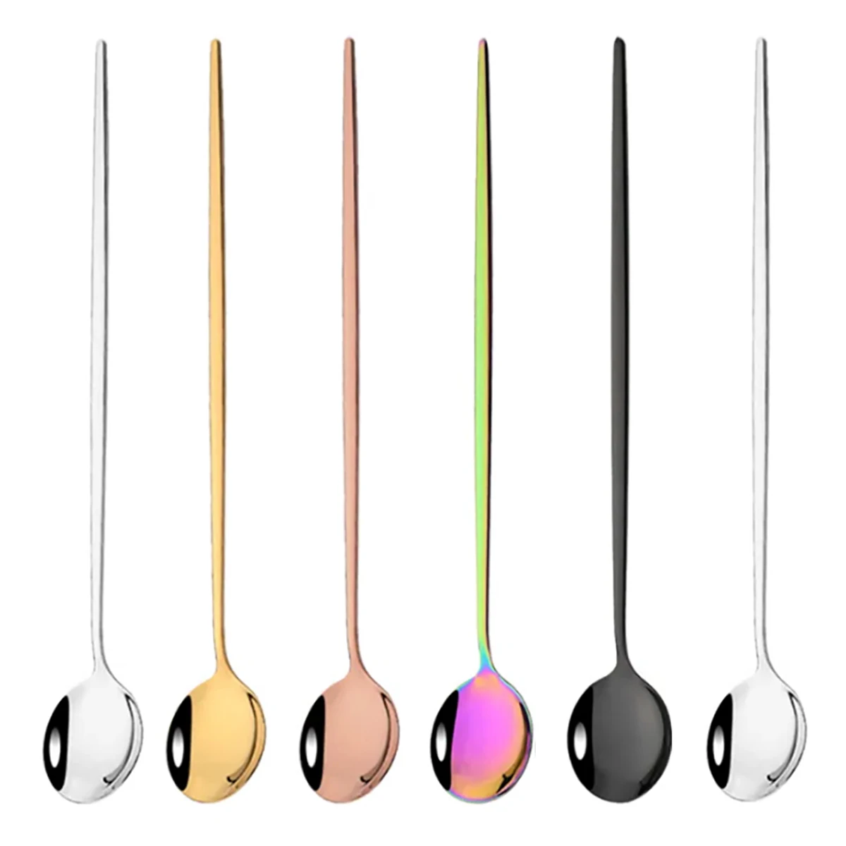 6pcs Ice Cream Cpoons Dinnerware Set Stainless Steel Metal Spoons Long Handle Stirring Spoon Juice Shakes Bars Kitchen Tools