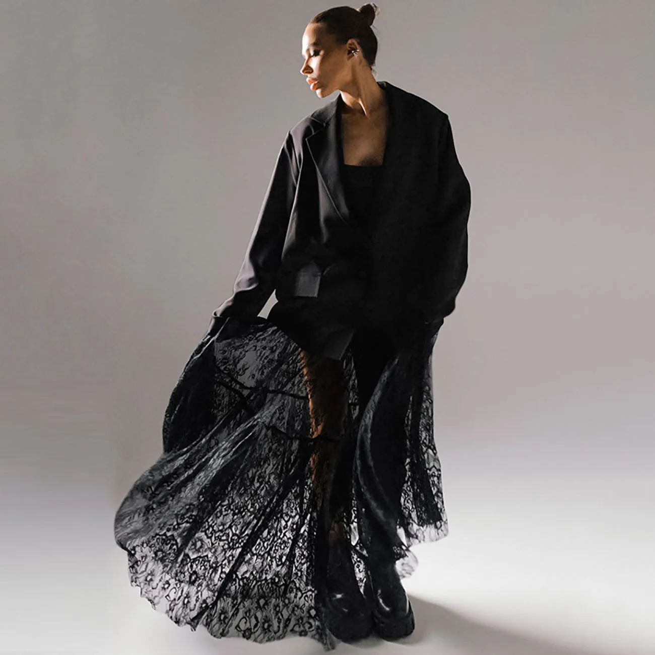 Black Lace Long Skirt for Women Elegant High Waist A-Line Maxi Skirt Fashion Party Clubwear Female Slim Fit Casual Streetwear