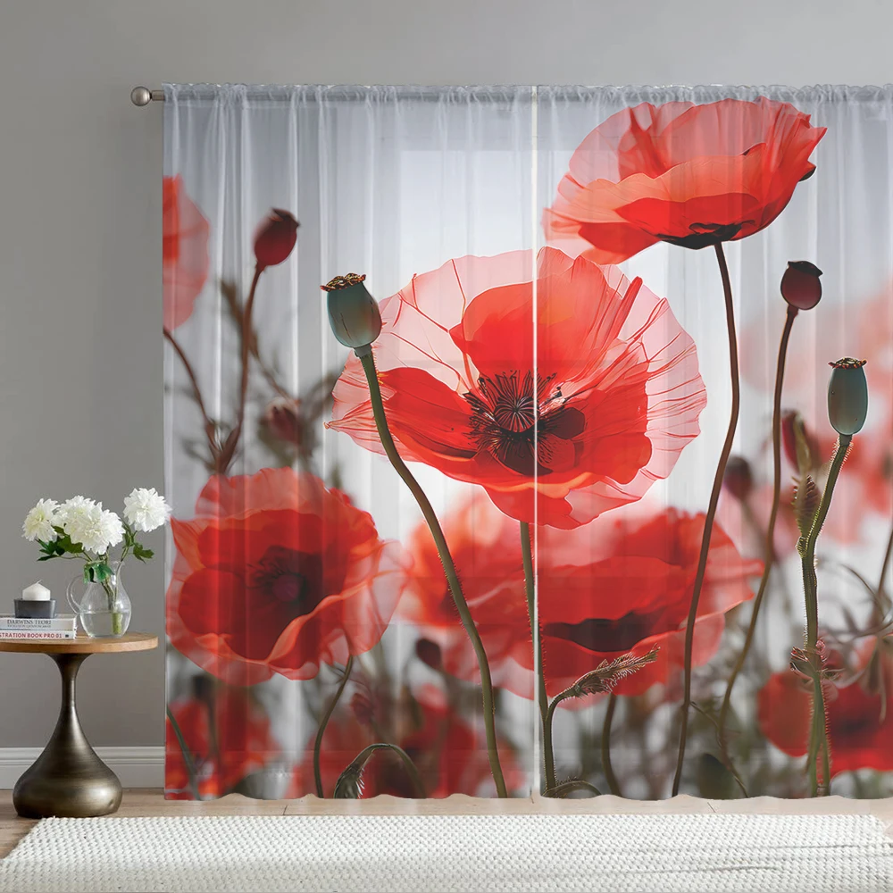 2PCS Home decoration red poppy flower printed window screens with pole bags, suitable for kitchens, cafes, and living rooms
