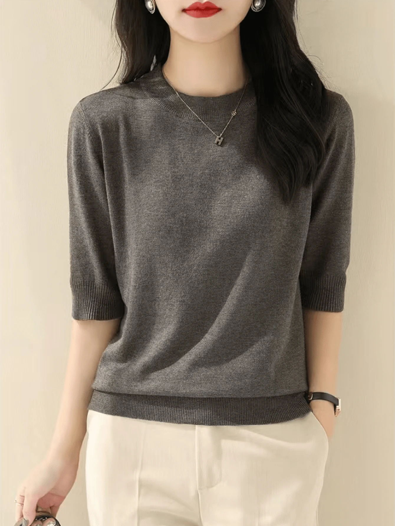 

Women's Loose Fit Crew Neck Mid-Sleeve Knit Sweater, Elegant Spring Autumn Top