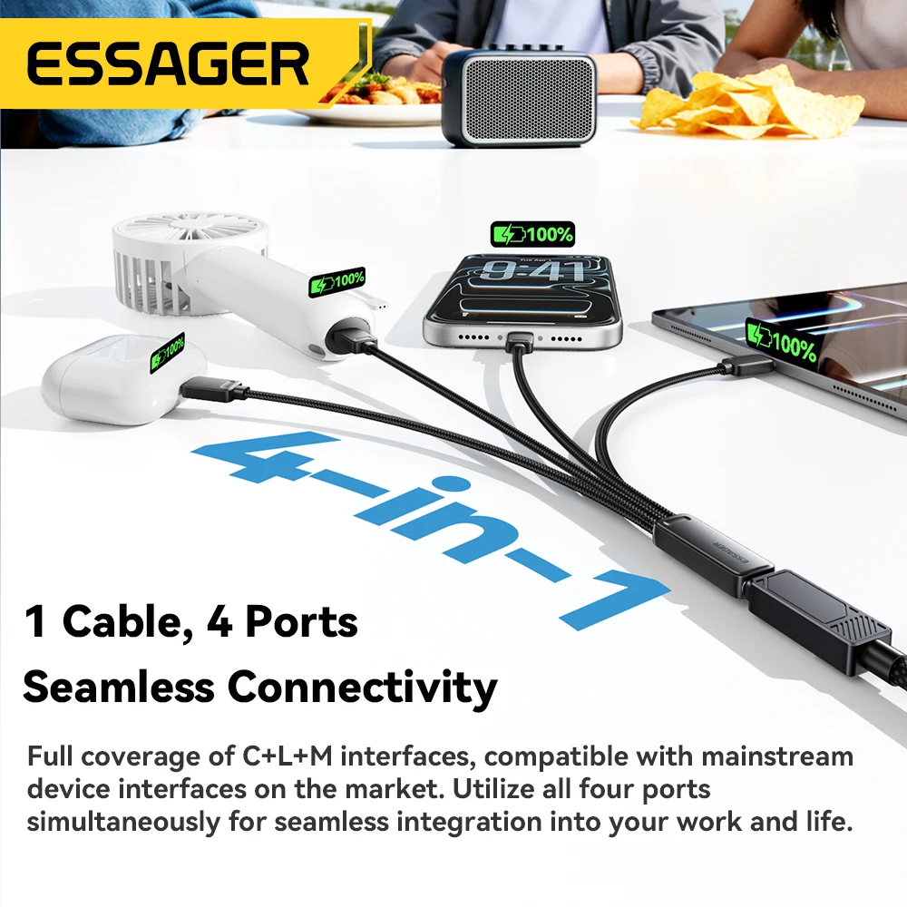 

Essager 4 IN 1 Type C Cable Micro Lighiting Charger Cable Multi 4 Port Fast Charging Cord For iPhone 17 16 Xiaomi Huawei Samsung