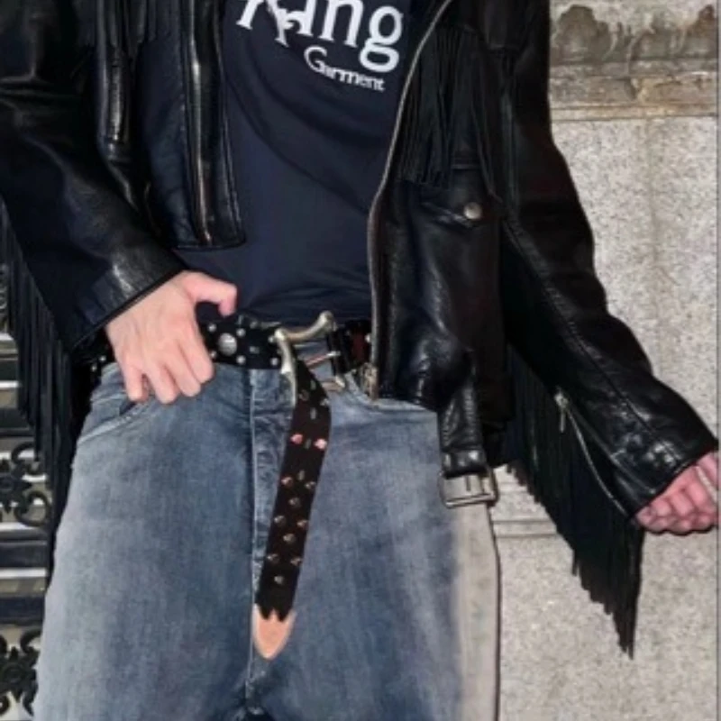 Thug Club belt new rivet reinforcement retro punk genuine leather niche belt for both men and women