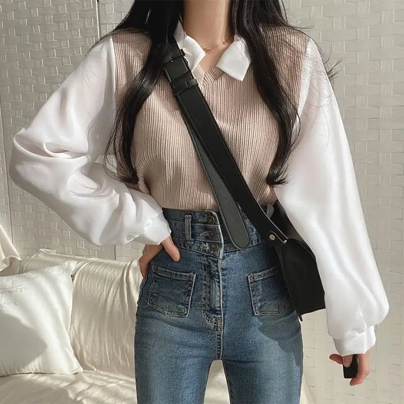 Women Korean Fashion Polo Collar Long Sleeve Tees Ladies Fake Two Pieces Casual Basic Tshirt Autumn Y2k T Shirt Tops Streetwear