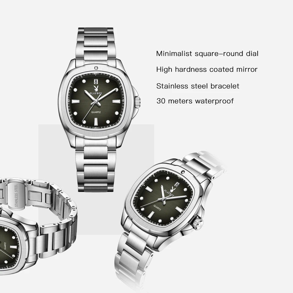PLAYBOY 3529 Square Quartz Watch, 35mm, Stainless Steel Strap