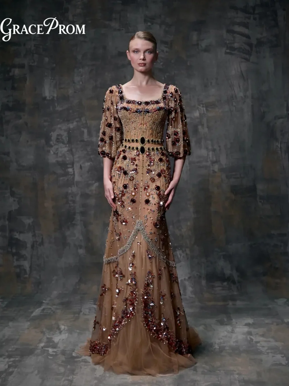 

Luxury Champagne Crystal Embellished Evening Gown Puff Sleeves Square Neck Mermaid Party Dress For Wedding Guests فساتين سهرة
