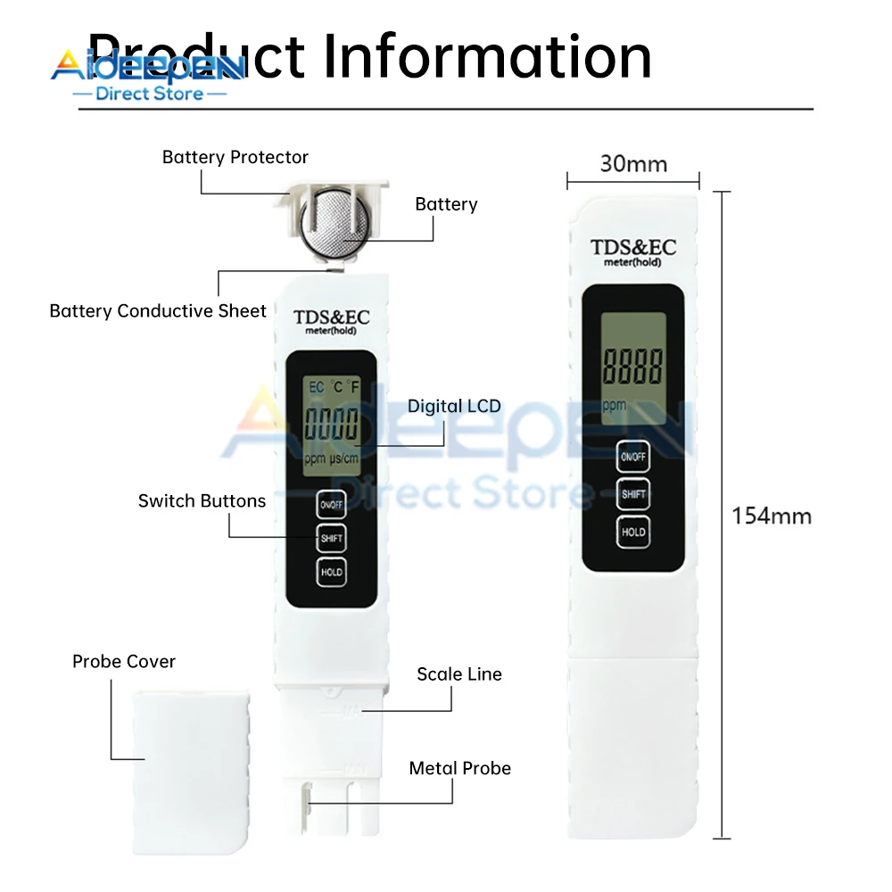 Water Quality Tester Digital Tool TDS&EC Temperature 0-9990 ppm Aquariums Pool Tester Hardness Meter TDS/EC/TEMP Test Tool