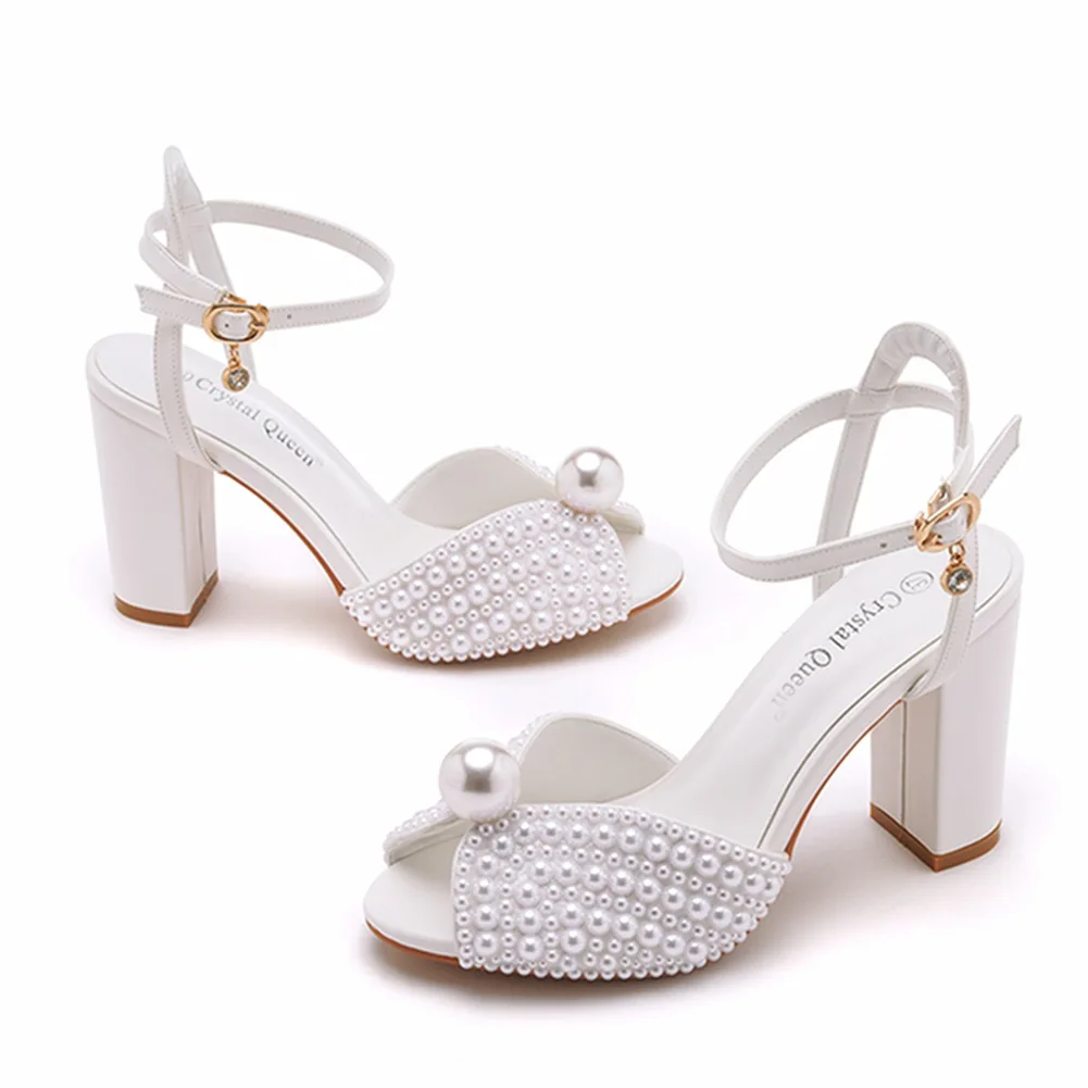 9cm thick heel fish mouth sandals square heel sandals white pearl bride wedding dress pearl wedding shoes