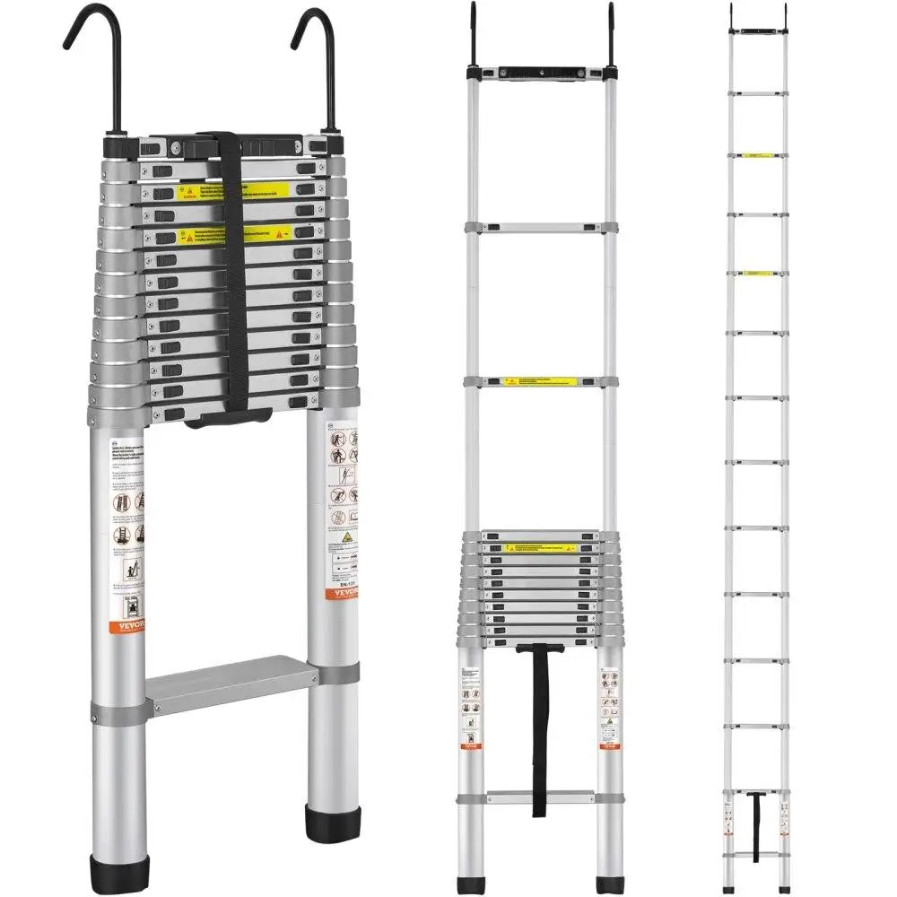

Telescoping Aluminum Ladder 18.5ft One-Button Retraction CollapsiblePortable Multi-Purpose 400 lbs Capacity Non-Slip Feet ANSI
