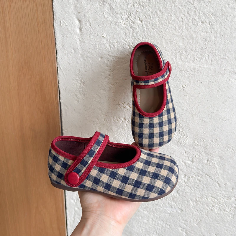 Kleinkind Mädchen Vintage Gingham Karierte Mary Jane Ballerinas, 2 Farben Marineblau Rot Einzelriemen Cottagecore Hochzeit Mädchen Freizeitschuhe – Detail 5