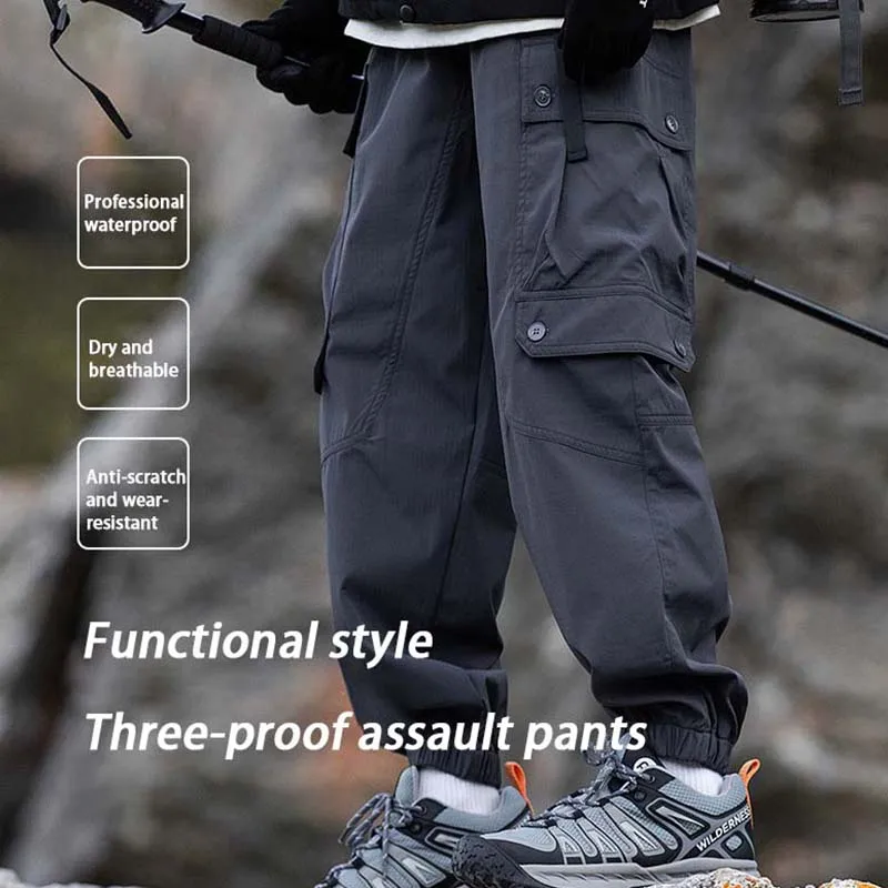 New Men's Waterproof Hiking Pants Breathable Antifouling Loose Fit Cargo Pants Elastic Waistband Casual Camping Sport Pants