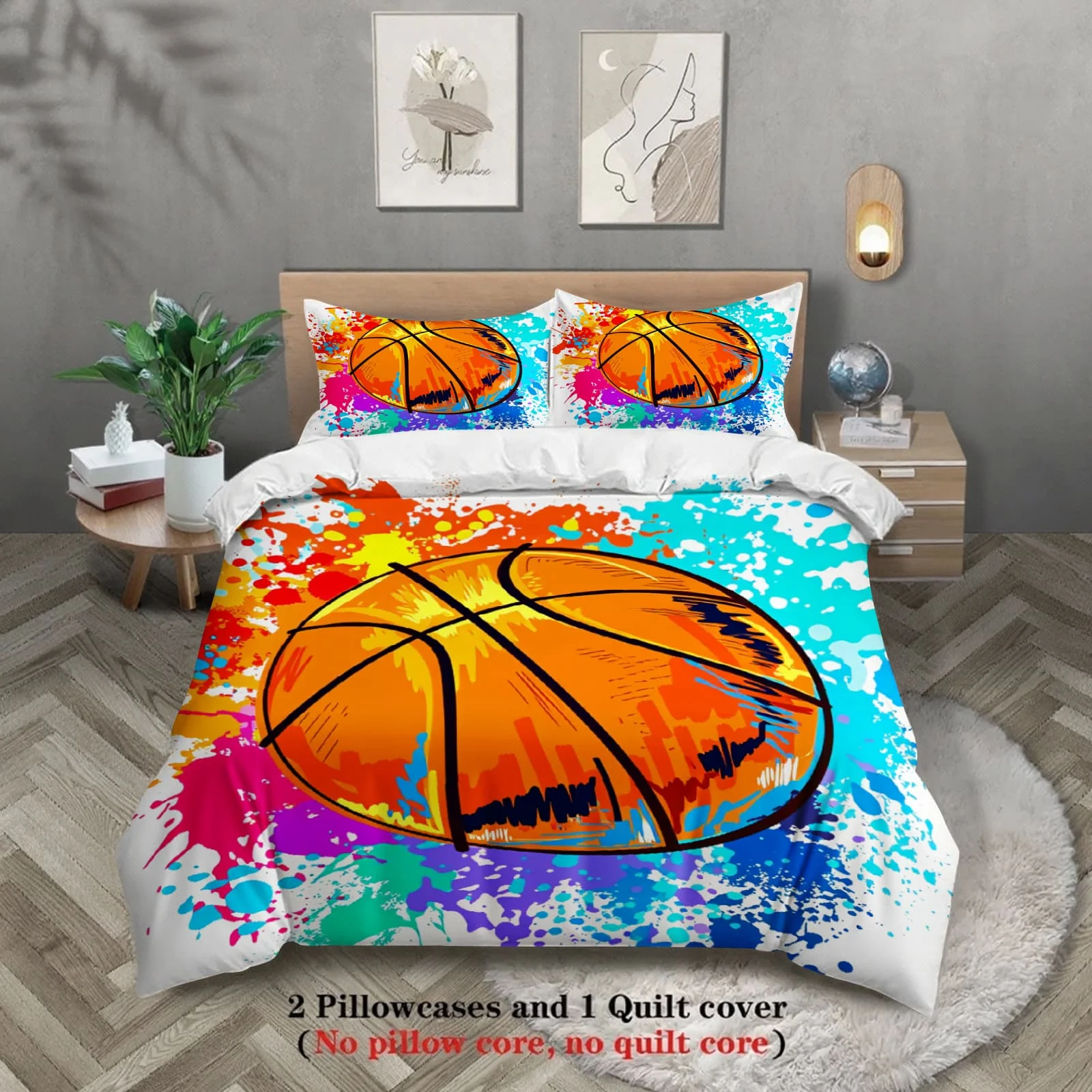 3pcs Splash Paint Basketball Print Duvet Cover Set – for Kids Gift 100%Polyester, Soft, Breathable for Bedroom Decoration