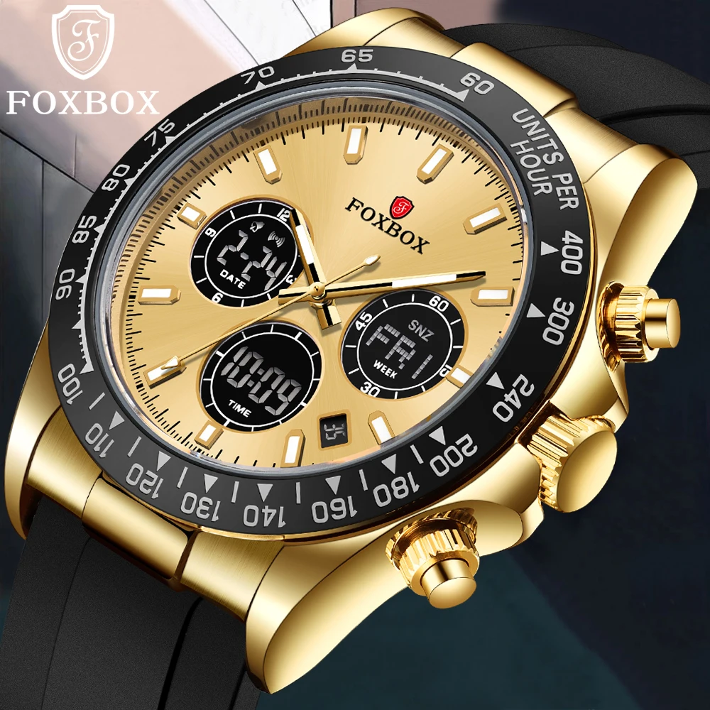 

FOXBOX Top Brand Luxury Mens Watches Dual Display Luminous Business Wrist Watch for Men Fashion Silicone Sport Quartz Male Clock