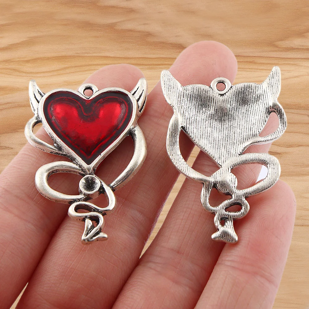 4 Pieces Alchemy Gothic Red Devil Heart Stud Drop Antique Silver  Earring Charms Pendants For DIY Jewelry Making Accessories