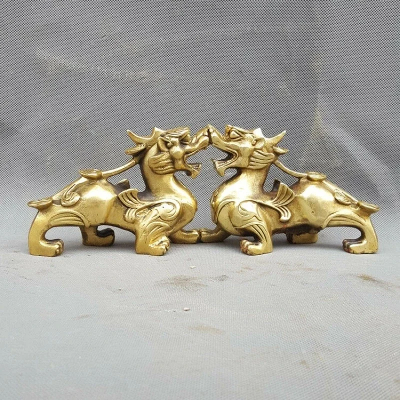 Chinese Feng Shui Brass Unicorn Geely Beast Statue a Pair of