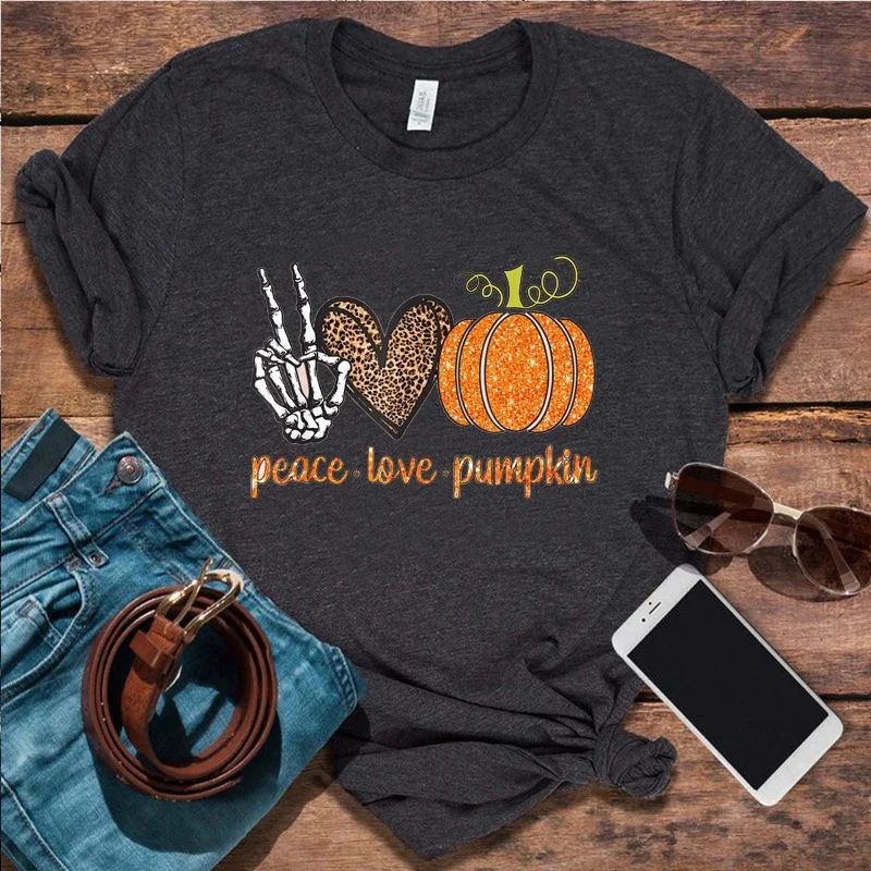 Peace Love Pumpkin Shirt Harajuku Funny Skeleton Graphic Tee Cartoon Horrible T-Shirt Halloween Pumpkin Woman Tshirts Black