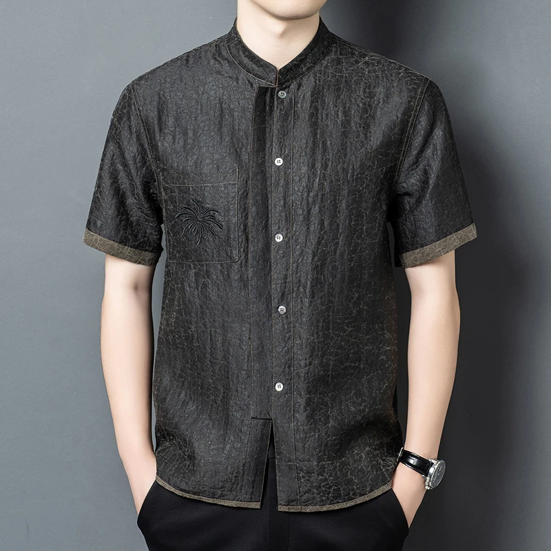Mud Silk 100% Reversible Shirts For Men Short Sleeve Tang Costume Summer Quality Lightweight Embroidery Luxury Camisas De Hombre