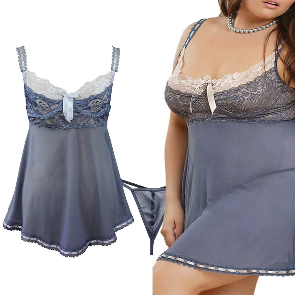 

Women's Nighties Sexy Lace Negligees Soft Nightdress Straps Chemises Slip V Neck Babydoll Plus Size Teddy Mini Sheer Dress