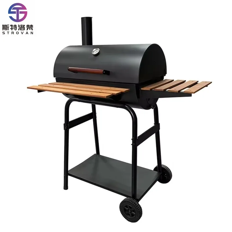Modern Trolley Steel Zinc Porcelain Enamel Smokeless Folding Barrel Burner Grill Adjustable Outdoor Charcoal Grill