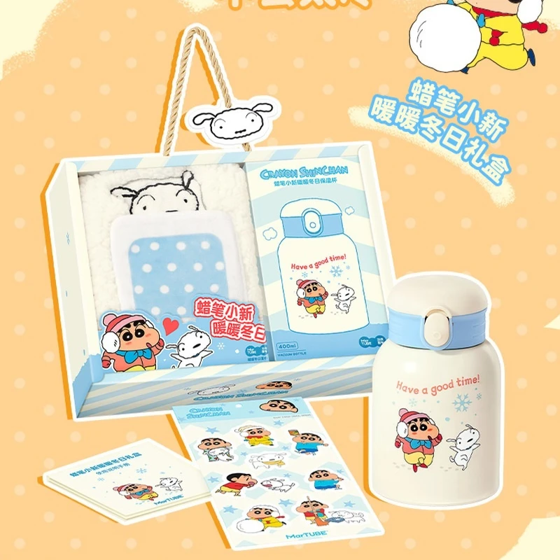 Martube 500ml Anime Crayon Shin-Chan écharpe Thermos avec boîte-cadeau Kawaii hiver bouteille d'eau chaude filles mignon écharpe cadeau de noël