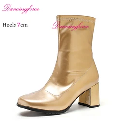 Sexy 7cm Customes Gogo Boots 60s 70s Chunky Heel Ankle Boots Multi-Colors Square Toe Zip Women Short Boots Cross Dressing Shoes