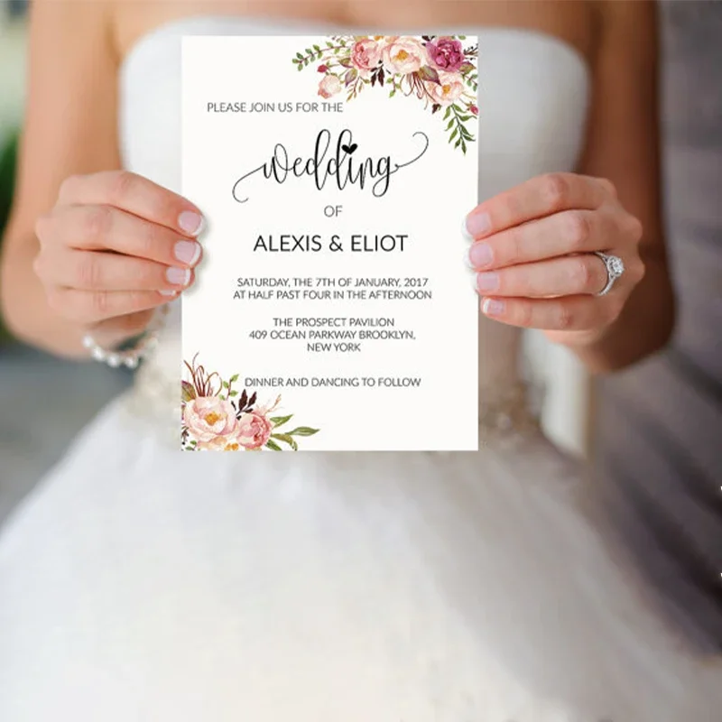 

60pcs custom Pink Watercolor Floral Invitation Creative Personalized menu Birthday Wedding Return Gift Thank You Card Paper
