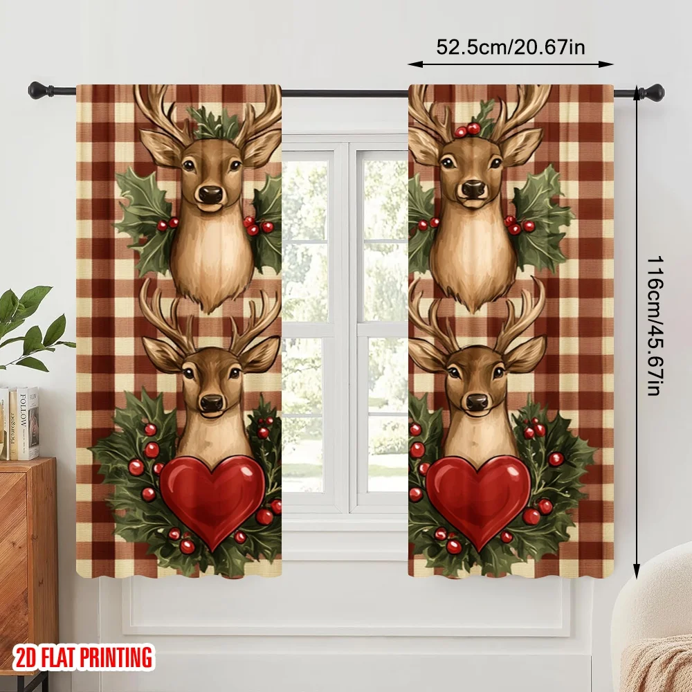 2pcs,2D plane printing Curtain Fabric Deer Heart Holly Gingham Polyester Woven (without rod) Outdoor Decorations Perfect for