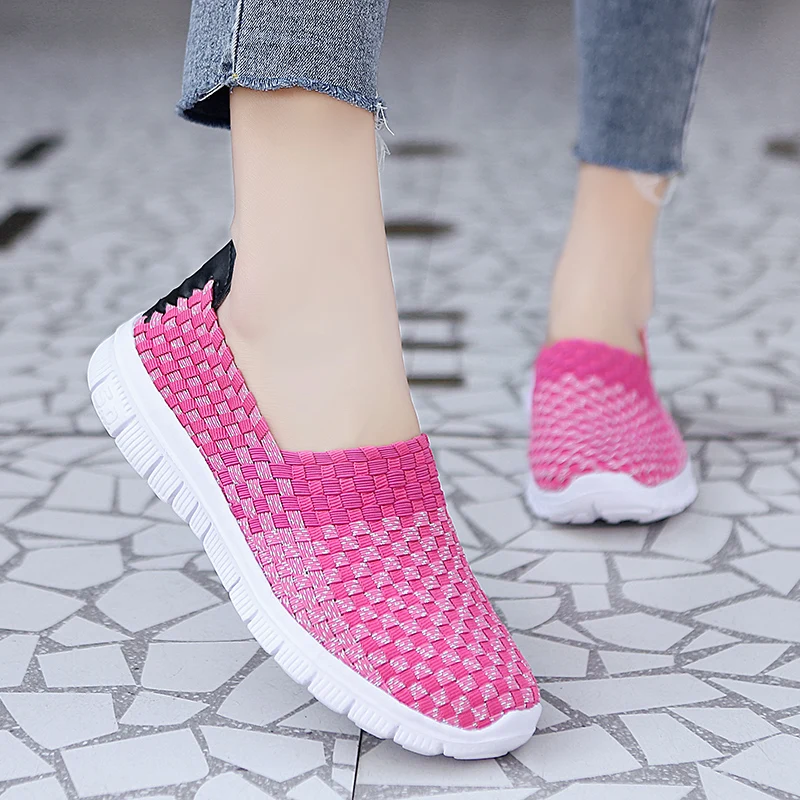 STRONGSHEN Women Handmade Woven Shoes Summer Shallow Breathable Soft Comfortable Flat Slip on Light Walking Shoes Loafers 35-42