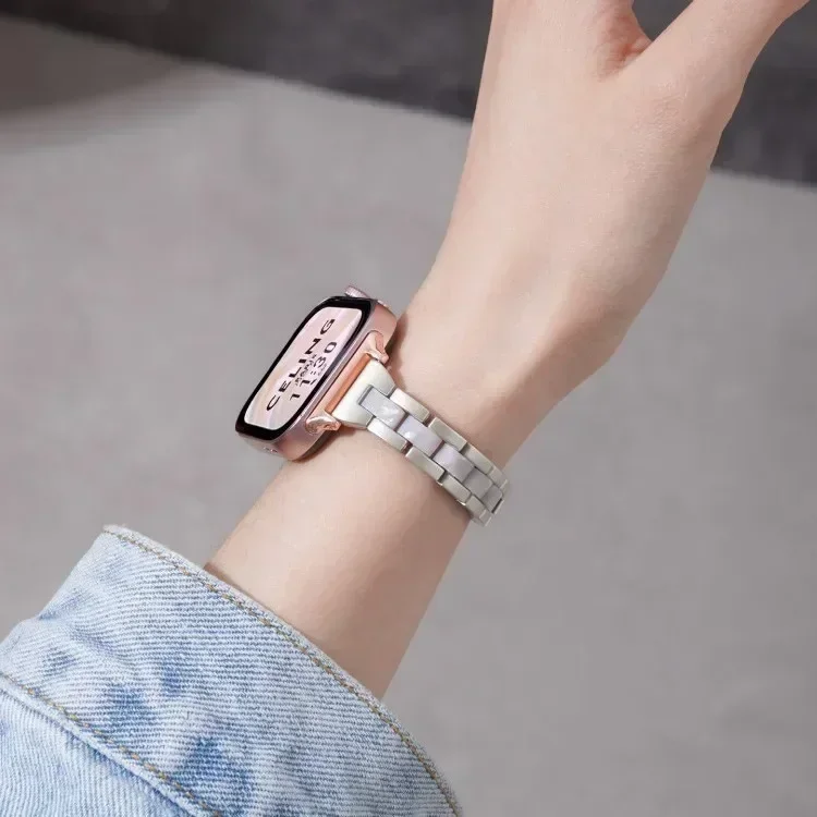 Suitable for Apple iWatch, a metal ladies' wristwatch strap, 14mm in width, equipped with three resin beads, a delicate design.